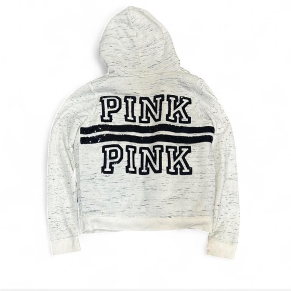 PINK Victoria's Secret Tops - PINK Victoria's Secret Heathered White Hoodie with Black Sequin Logo